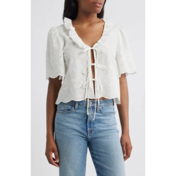 WAYF Camilla Eyelet Embroidered White Cotton Top SZ S NEW - Picture 1 of 6